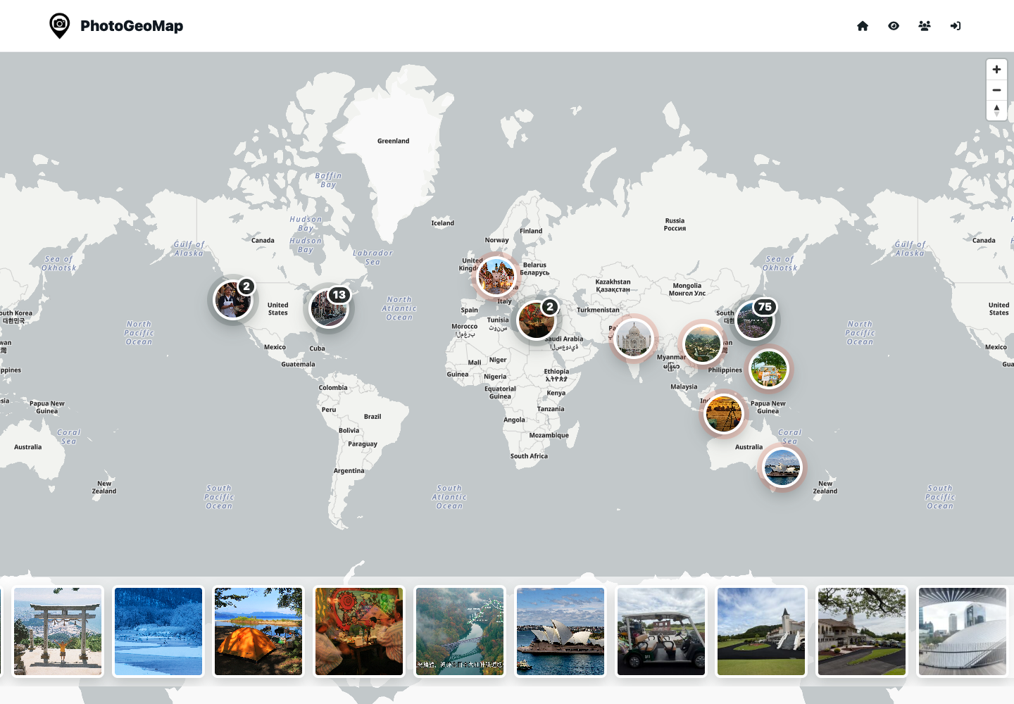 PhotoGeoMap world map with clustered photo markers and photo rail.